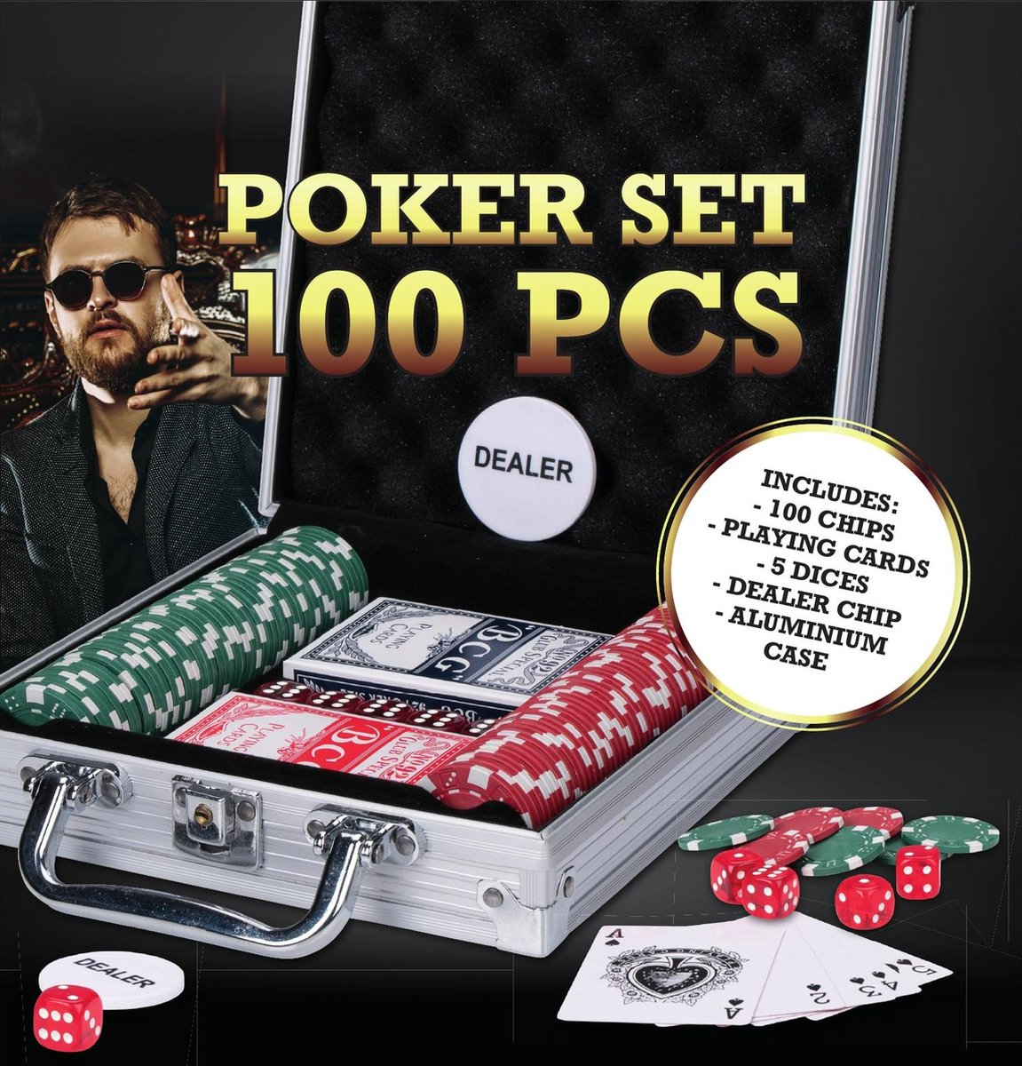 Pokerset I Aluminiumlåda - 100 Marker/Spelkort/5 Tärningar/Dealermark