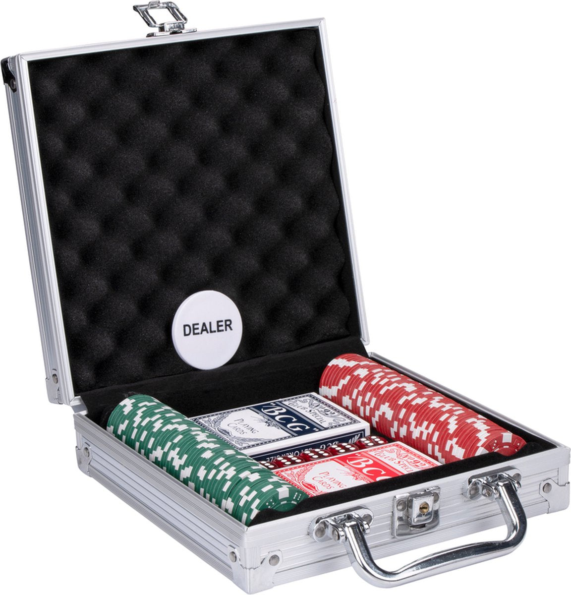 Pokerset I Aluminiumlåda - 100 Marker/Spelkort/5 Tärningar/Dealermark