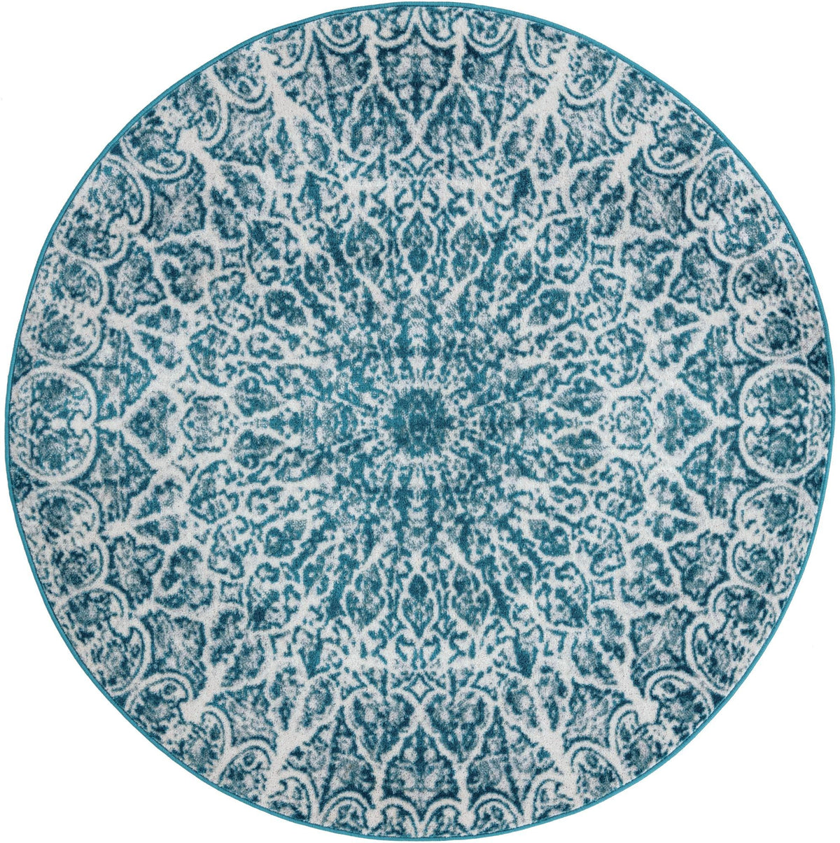 Turquoise Medallion Rundt Tæppe - 160×160 cm Turkis & Creme