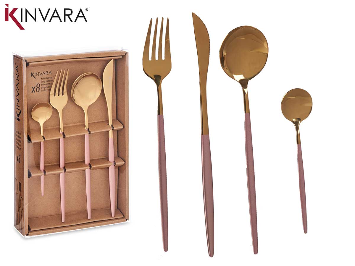 Kinvara - Premium bestiksæt guld med Rosenguld tag 8stk 2 smørkniv 2 spiseske 2 gafler 2 teske