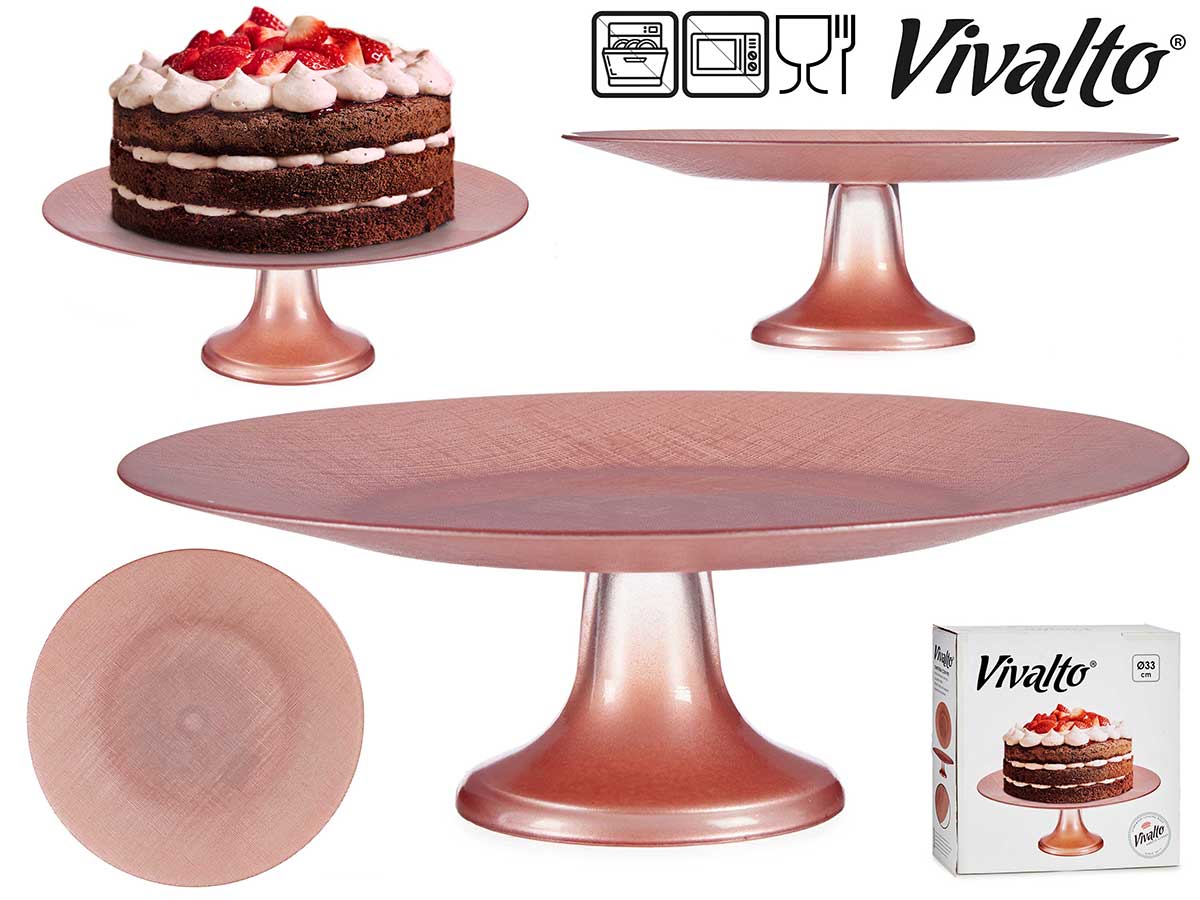 Vivalto - Stor lagkagefod i glas 33cm Rosenguld/pink