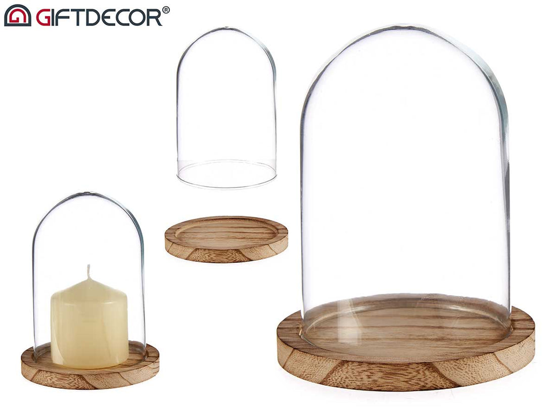 Giftdecor - Glaskuppel dekoration holder 16x12,5cm på træbund