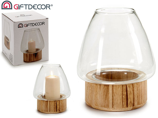 Giftdecor - Glas Lysholder 16x13,2cm på træbund