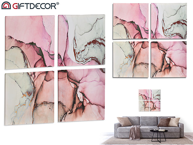 Giftdecor - 4stk vægplaketer af lærred i designtema 35x35cm pr. Pink wave