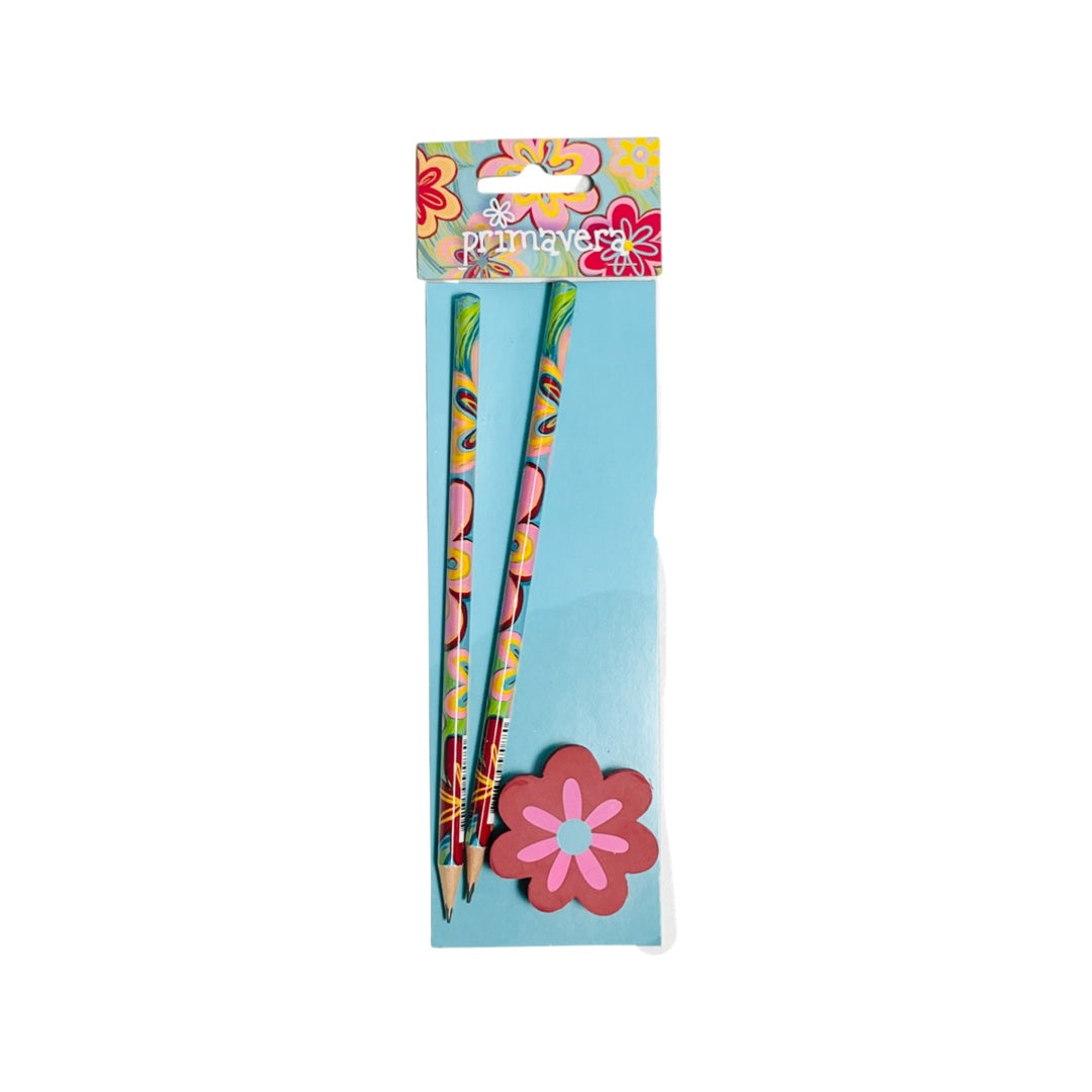 Primavera - Blyertspenna & Suddgummi - Blomstertema - 2 Pennor & 1 Suddgummi