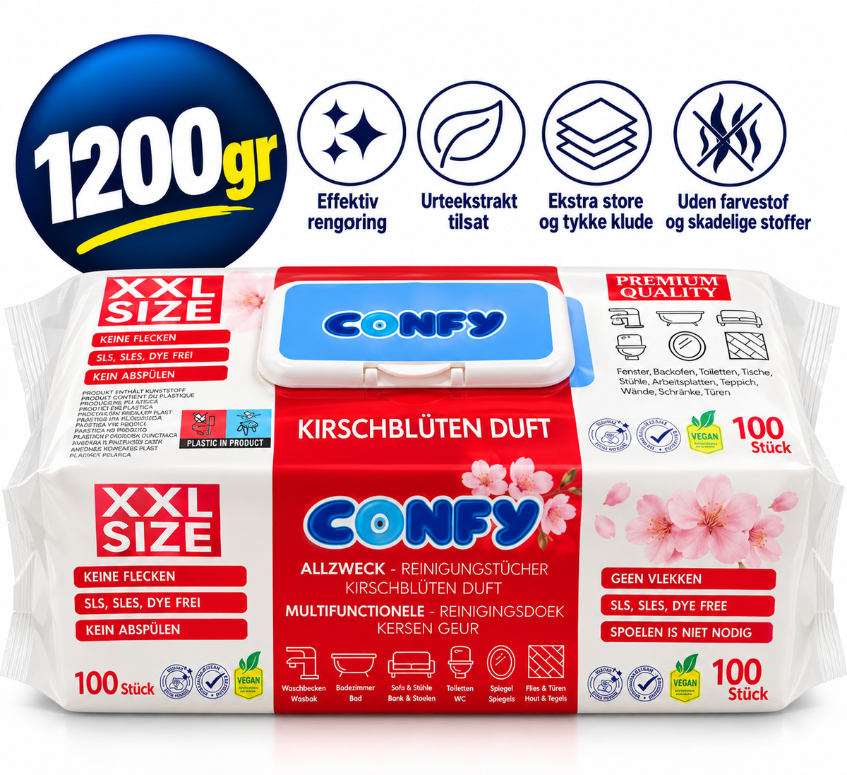 Confy XXL 100 Rengøringsklude – Cherry Blossom – 100 stk. / 1200 g