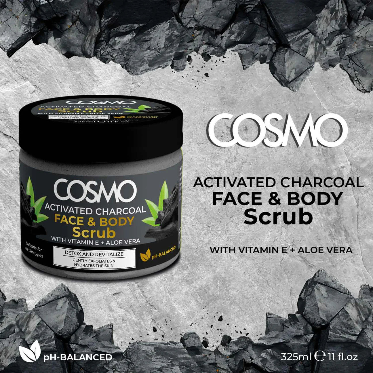 Cosmo Activated Charcoal Face & Body Scrub – 325 ml