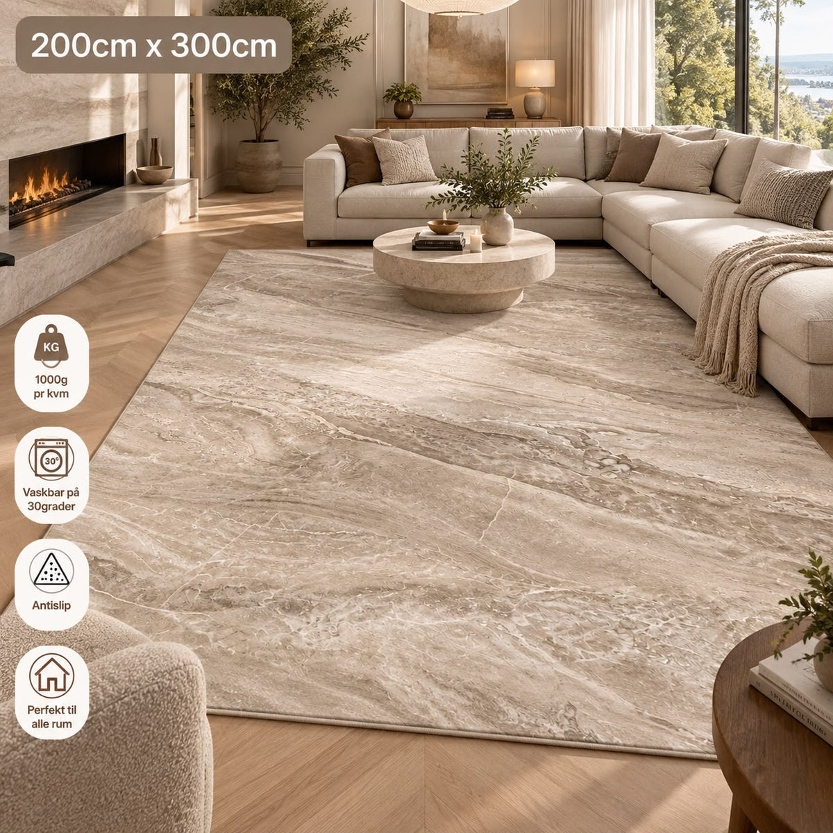 Marble Flow Tæppe - 200x300 cm Beige & Greige med Marmormønster