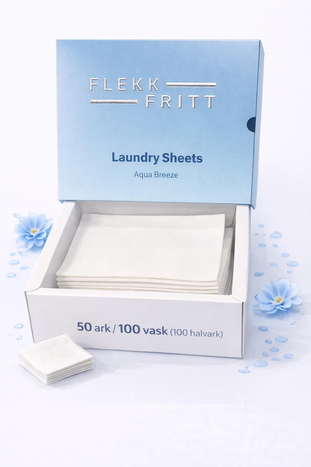 Flekk Fritt Vaskemiddel Ark – Aqua Breeze (100 vaske / 100 halvark)