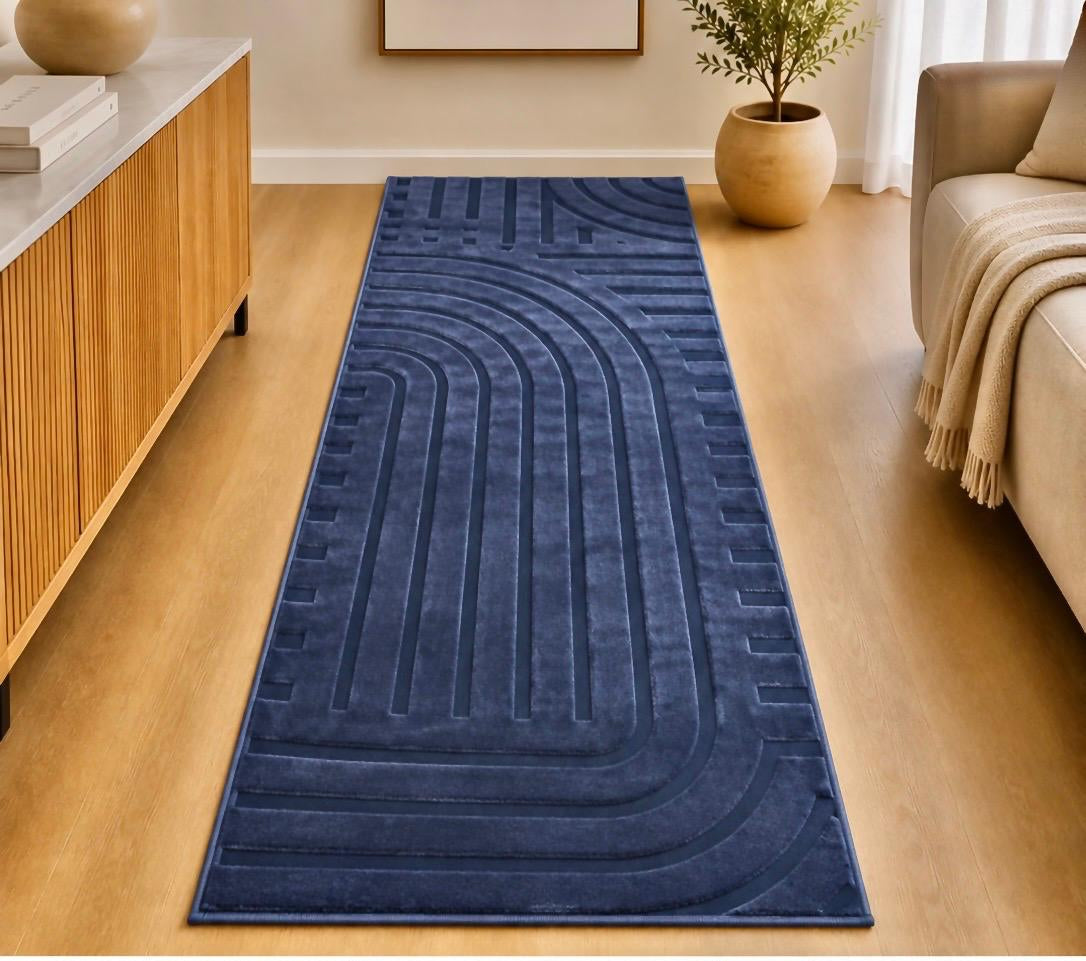 Velour Tæppe Løber 90x200 cm Kaninhår Look – Mørkeblå