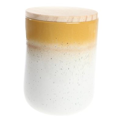 Gul keramikkrukke med trælåg - 16,4 cm, H 16,4cm, Dia. 12,4cm ⎮ 5713582585791 ⎮ DG_003217