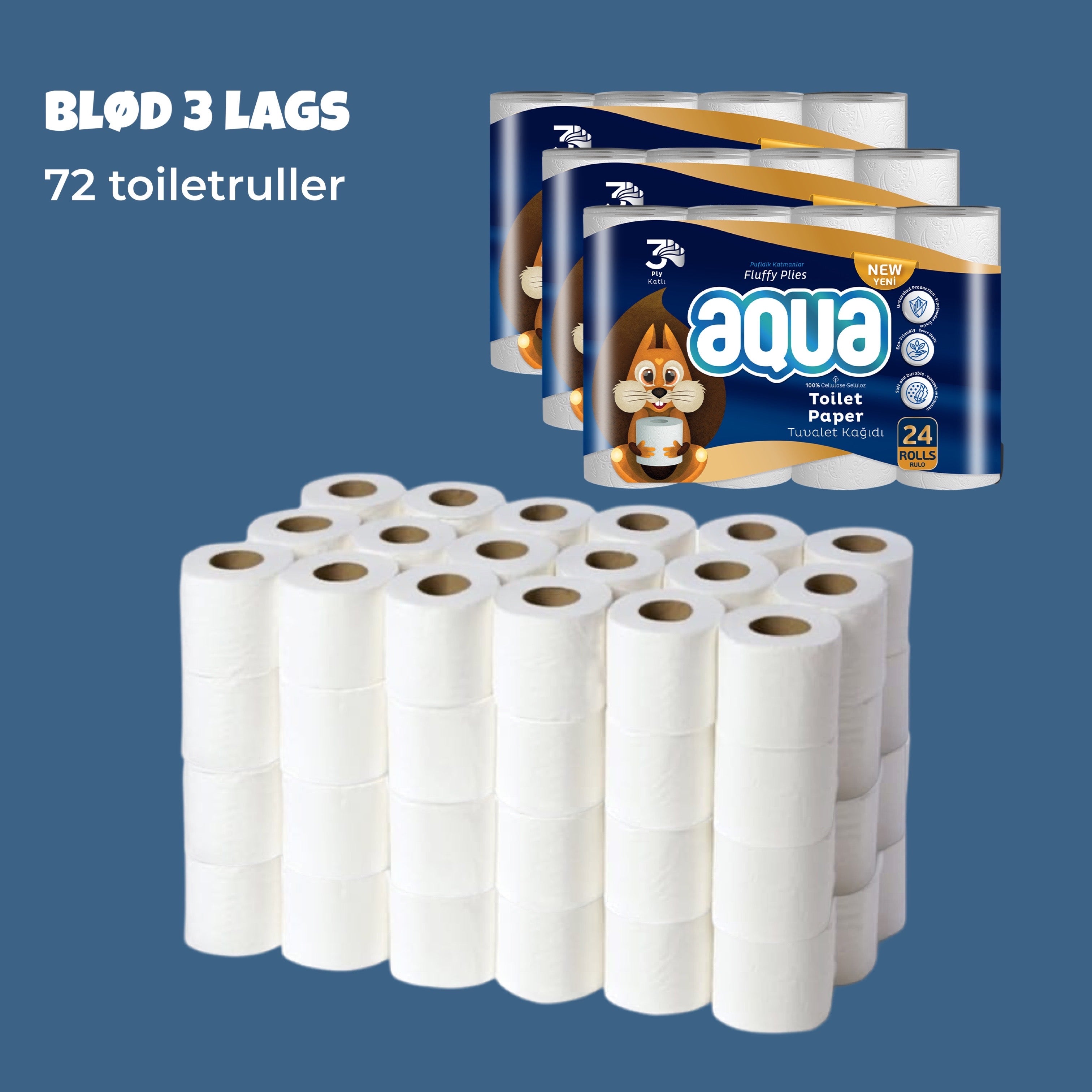 Aqua 72 rullar 3-lagers mjukt toalettpapper