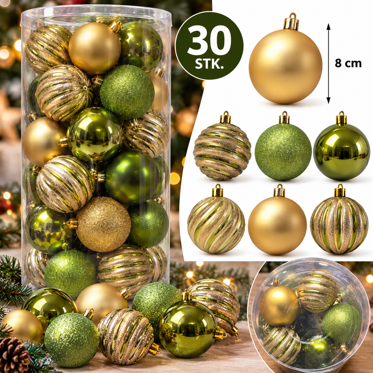 Krist - Set Med Julgranskulor Blandade 30 St A 8 Cm Oliv Till Guld
