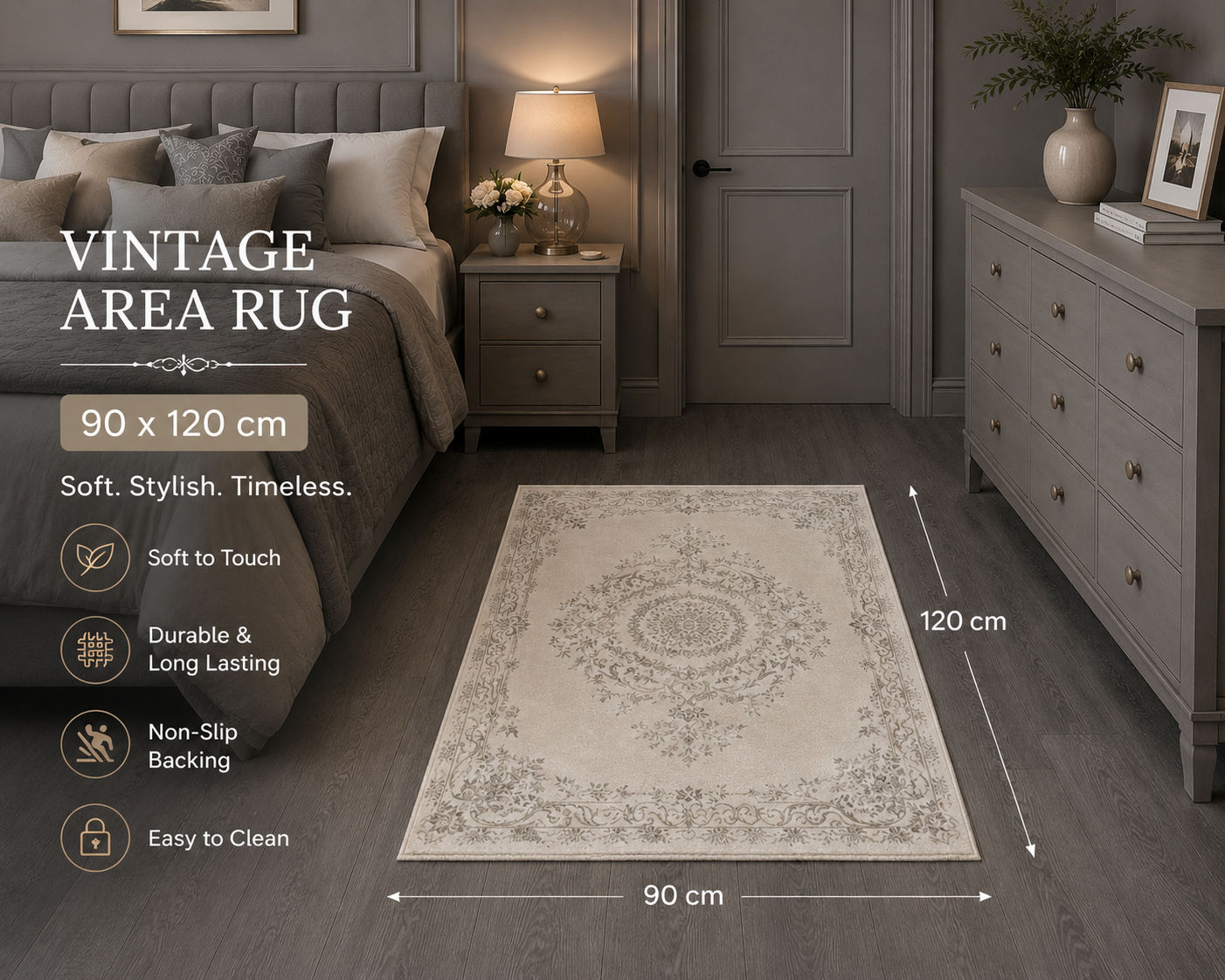 Vintage Royale Tæppe – Creme/Beige 90 x 120 cm