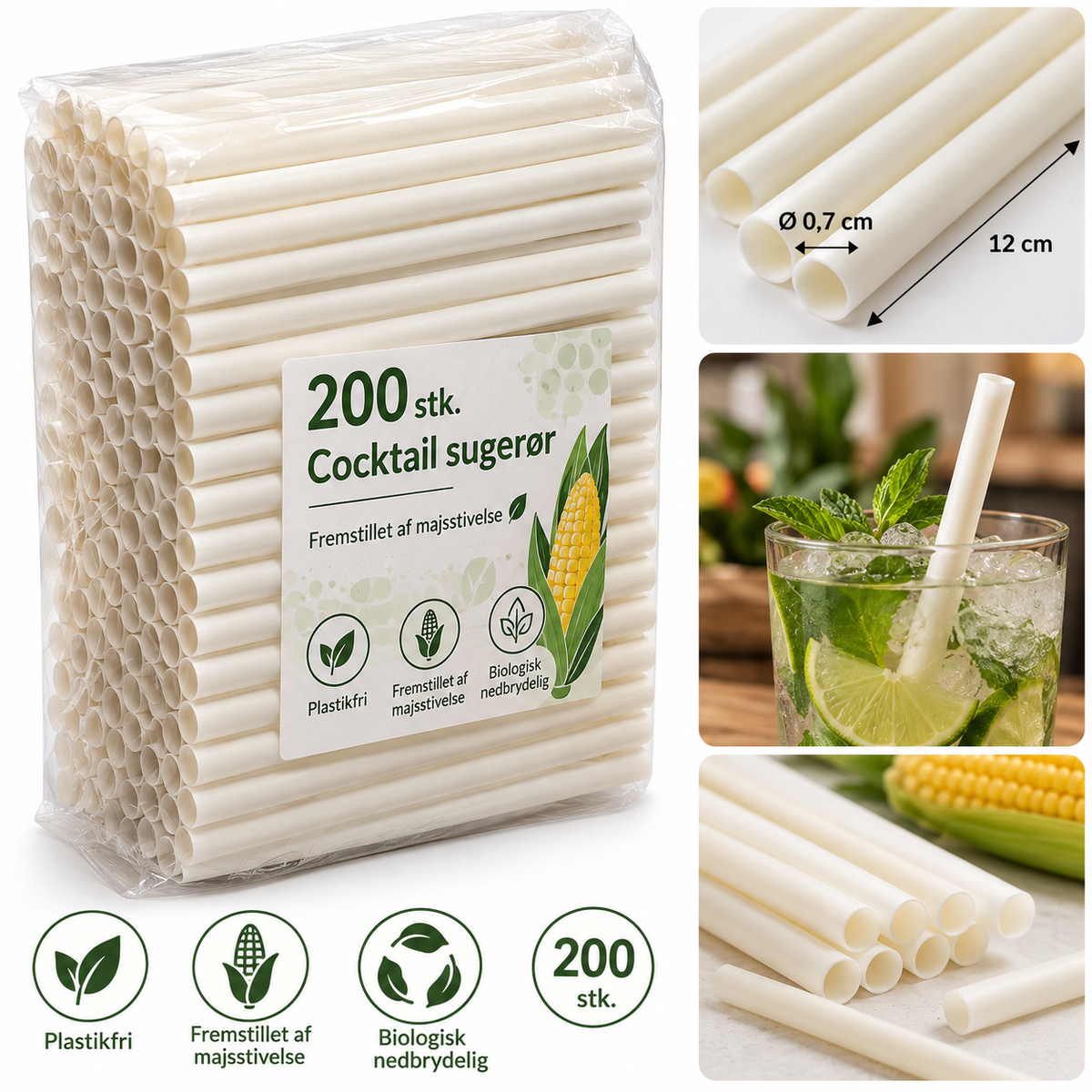 Cocktail Tykke Sugerør af Majsstivelse – 200 stk. – 12 × 0,7 cm