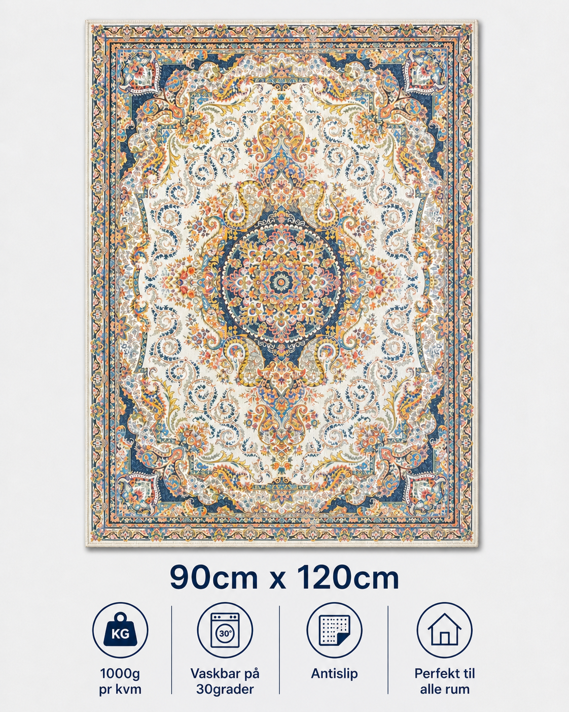 Stilrent tæppe 90x120 cm i flere farver med orientalske detaljer og små blomster