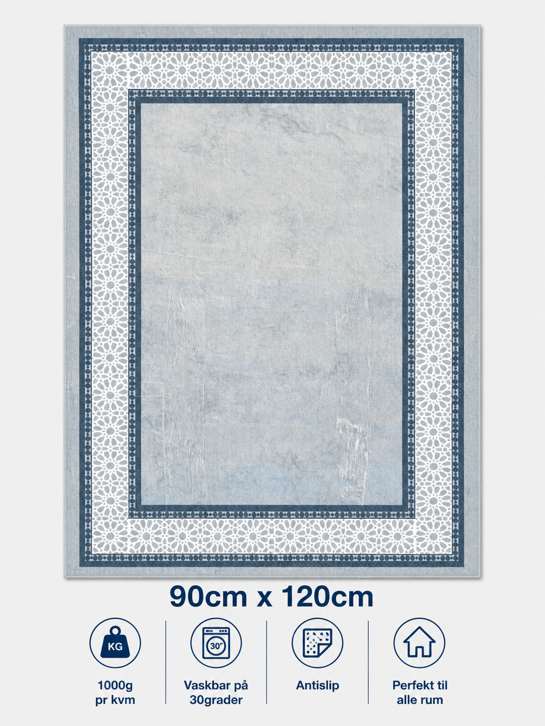 Stilrent tæppe 90x120 cm i blå med orientalsk præg