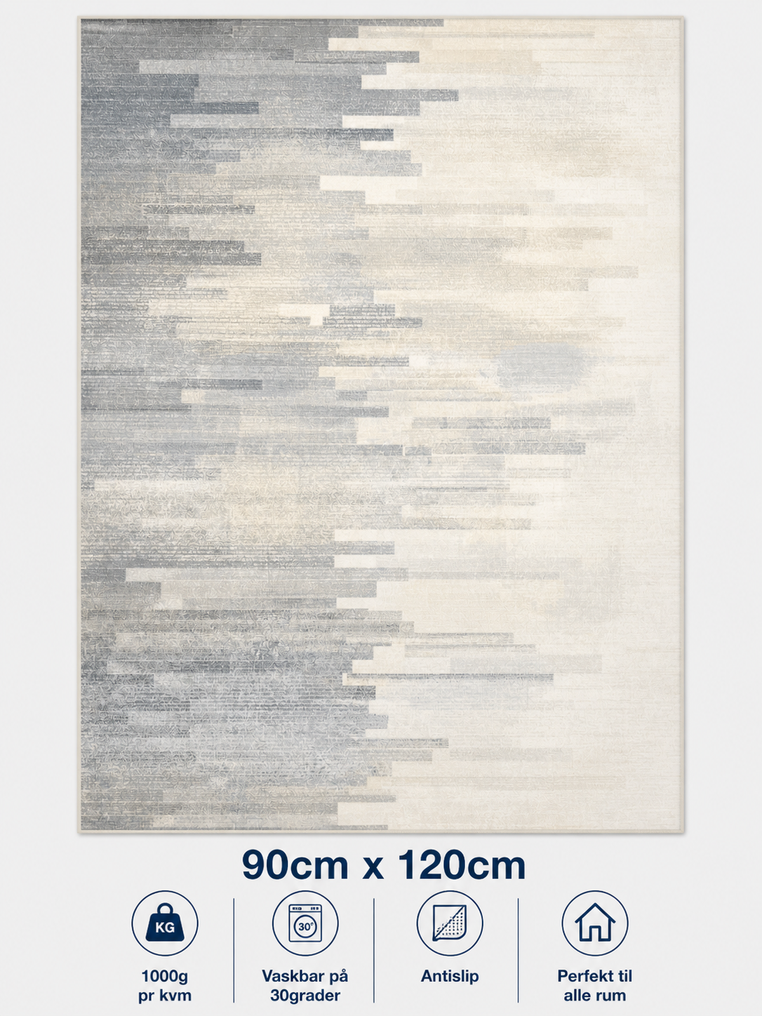 Stilrent tæppe 90x120 cm i hvid, grå til blå dele stribet