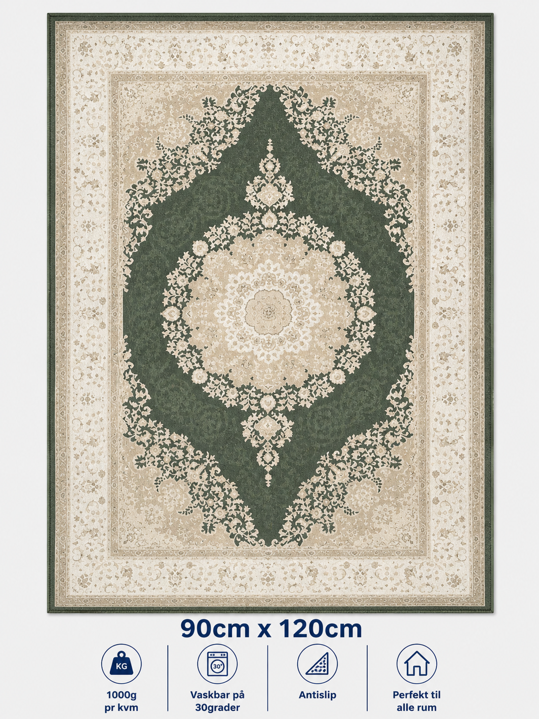 Stilrent tæppe 90x120 cm i grøn og beige – orientalsk design