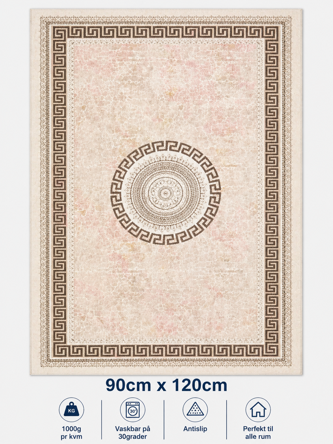 Stilrent tæppe 90x120 cm i beige med brune detaljer og let pink skær