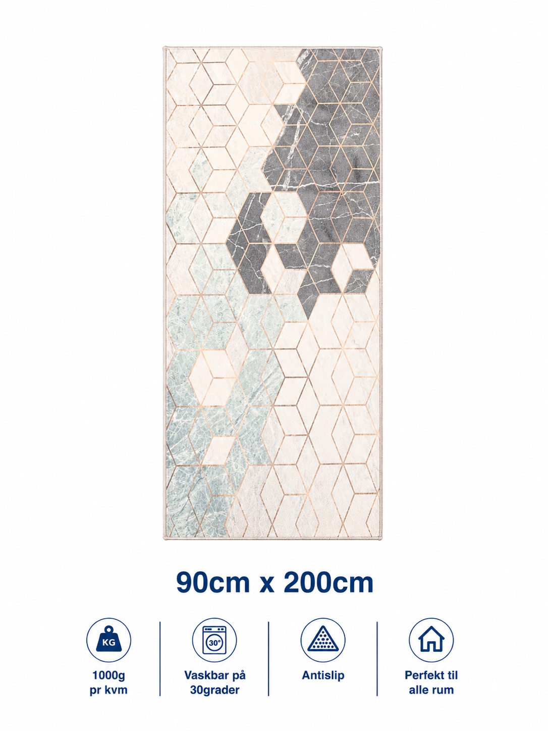 Tæppe / løber 90x200cm, Geo Marble Blue & Beige