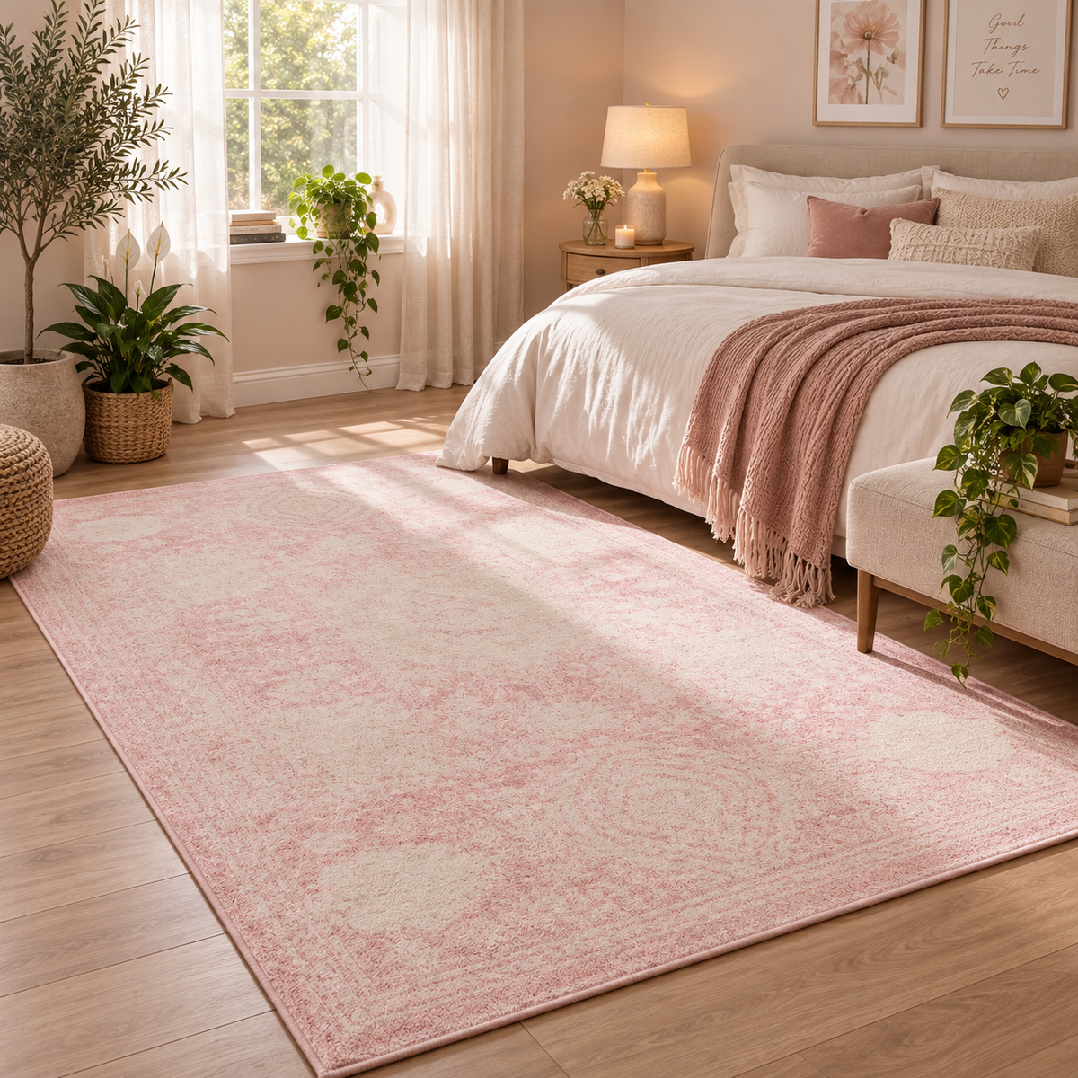 Dover Tæppe - 160x245 cm Rosa & Creme Vintage Design