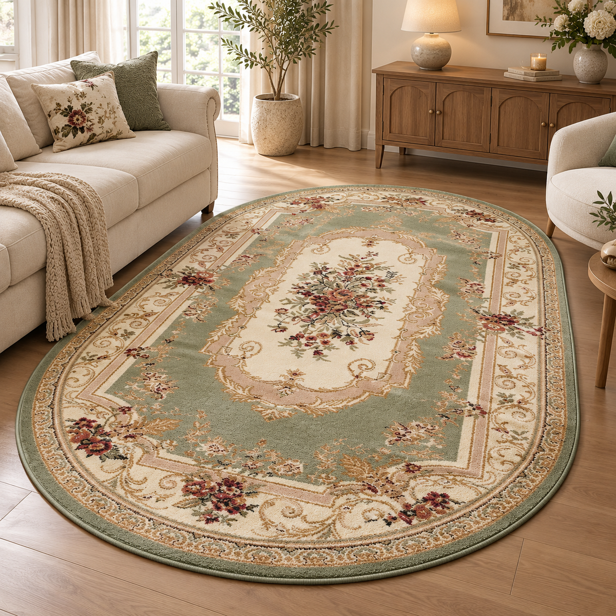 Floral Heritage Tæppe - 160×245 cm Salviegrøn & Creme med Blomstermønster