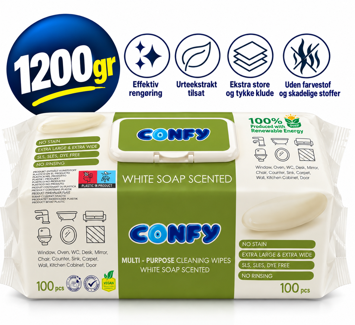 Confy XXL 100 Rengøringsklude – White Soap – 100 stk. / 1200 g