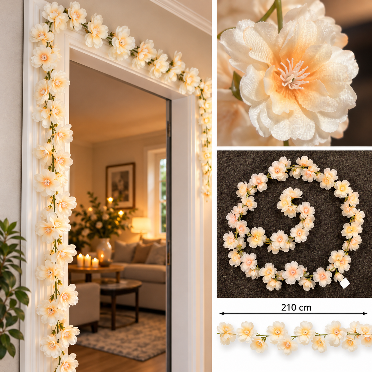 Kunstig Blomsterranke – 210 cm Cremehvid & Fersken