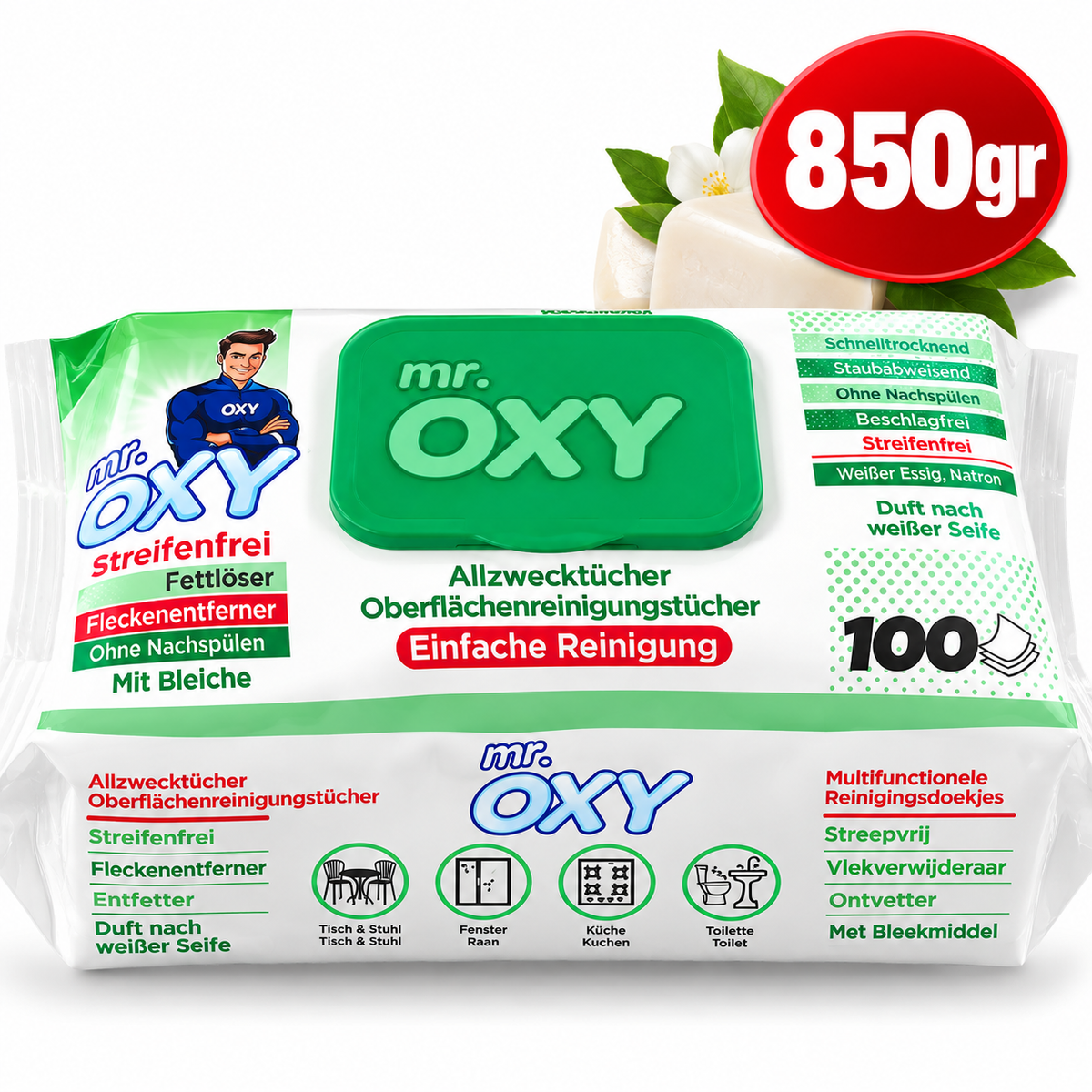 Mr. OXY XXL Rengøringsservietter – 100 stk. – 850 g – White Soap (Grøn)