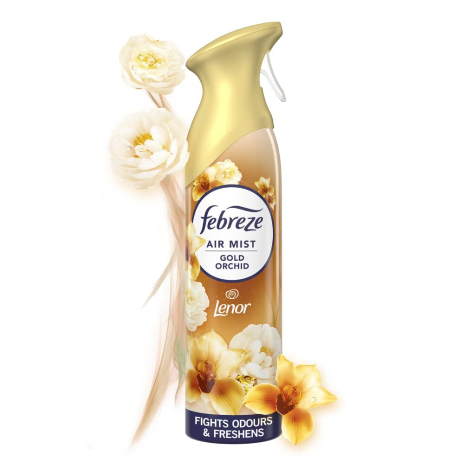 Febreze Gold Orchid Air Freshener Spray 2 I 1 Fräschar Upp Och Bekämpar Lukter