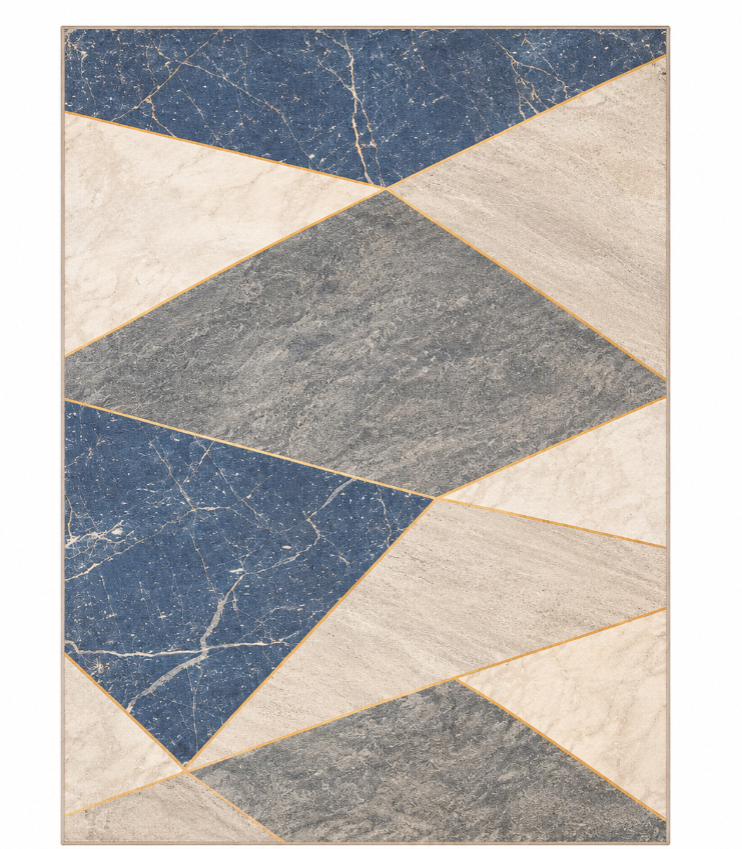 Geo Marble Tæppe - 180×270 cm Mørkeblå, Grå & Beige med Gyldne Detaljer