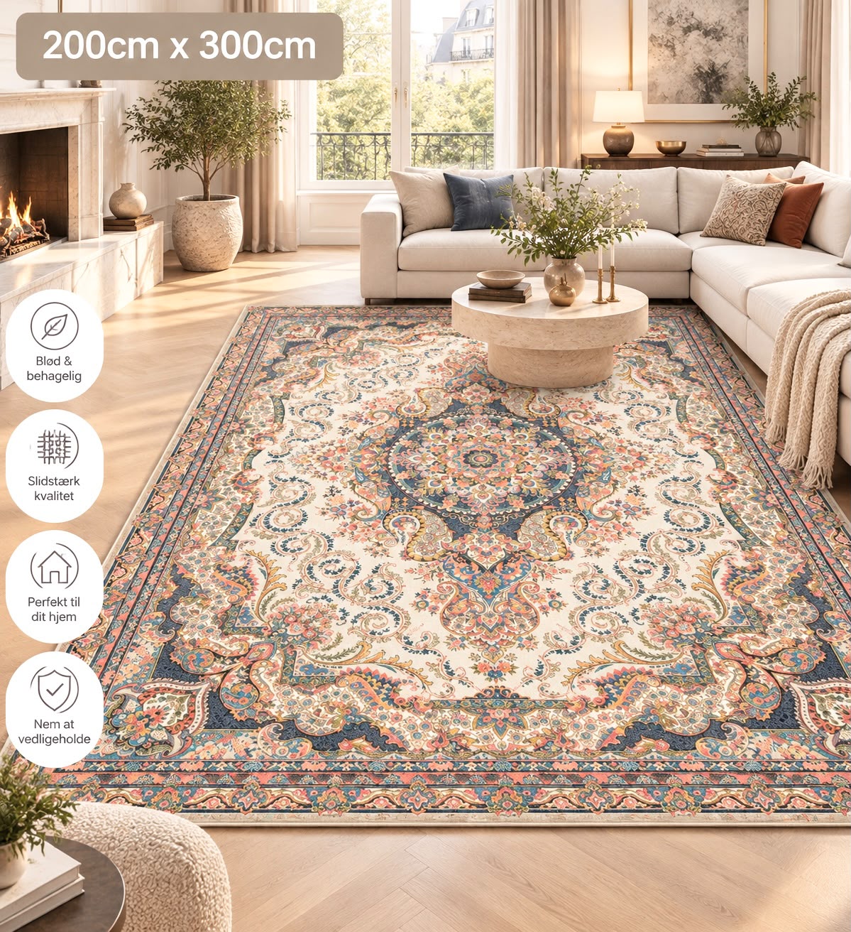 Persian Elegance Tæppe - 200x300 cm Creme & Mørkeblå med Farverige Detaljer
