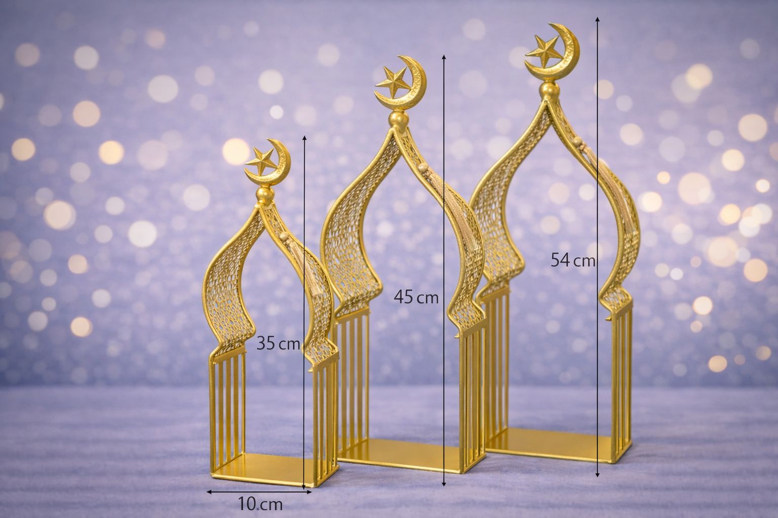 Orientelske metalhuse i guldfarve 3stk i 35cm - 45cm - 54cm