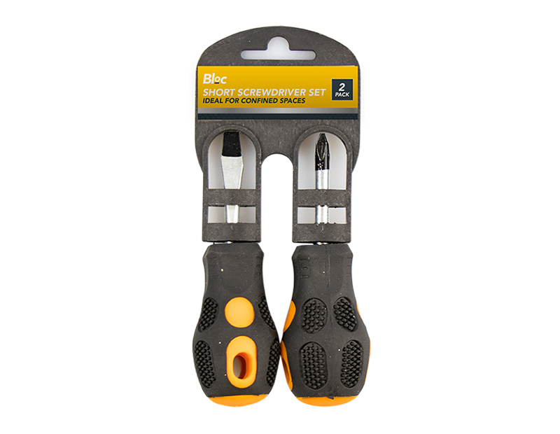 praktisk pakke med to korte (stubbede) skruetrækkere. Pakkerne inkluderer en 5 mm slidsskruetrækker og en Philips #2 krydsskruetrækker.Skruetrækkerne er ekstremt kompakte og måler kun 10,5 cm i højden med en skaftlængde på 4,5 cm. Skafterne er af krombeha
