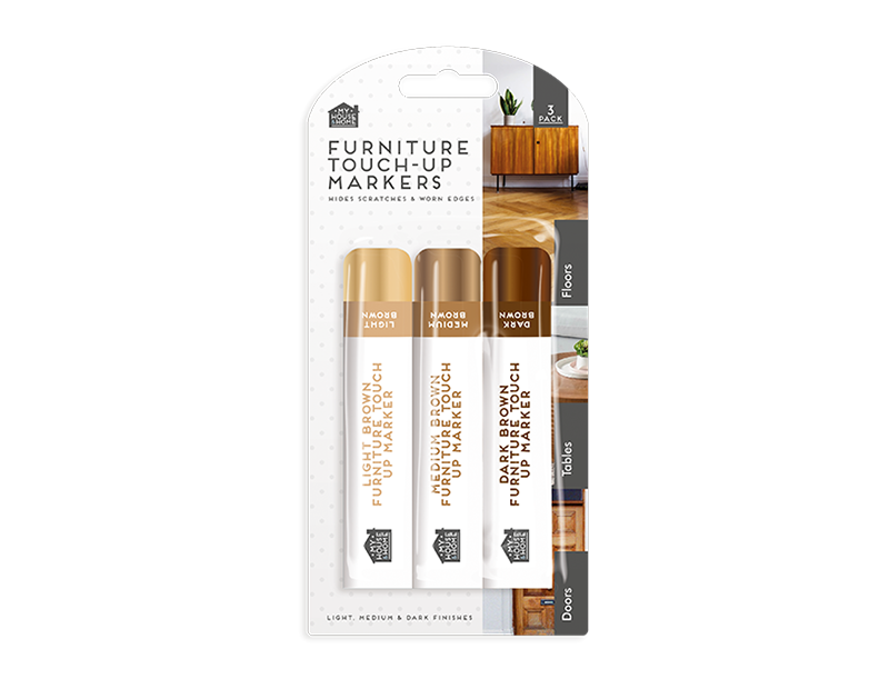 Denne pakke møbel-touch-up markører er perfekt til at skjule skrammer, buler eller slidte områder på husholdningsmøbler. Denne pakke indeholder tre tuscher i forskellige brune nuancer, fra lysebrun til mørkebrun, perfekt til brug med trægulve, borde og dø