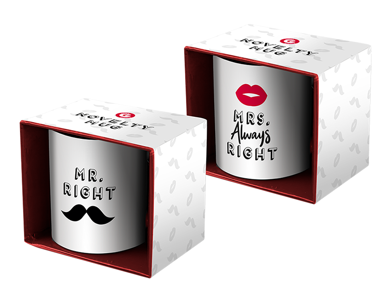 Disse matchende nyheder, hans og hendes krus vil være en fantastisk gave hele året rundt. Hver koordinerende kop har et unikt design med teksten "Mrs Always Right" og "Mr Right". Hver kop er lavet af slidstærkt keramik, fantastisk til varme eller kolde dr