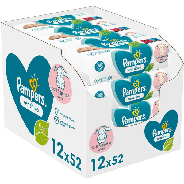 Pampers Sensitive Box Med 12X52, Våtservetter För Baby, Dermatologiska