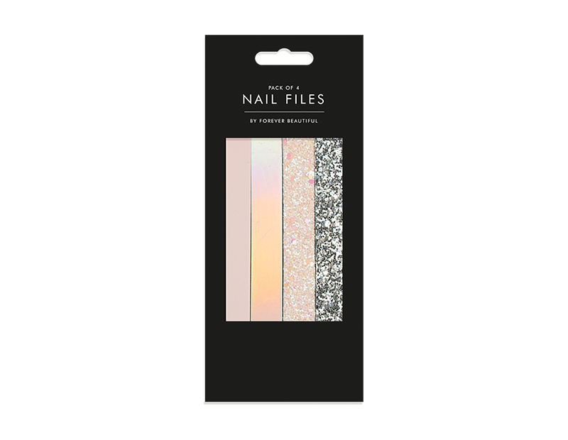 Hver pakke med fire neglefiler indeholder fire forskellige fildesigns. På den ene side den slibende filoverflade og på den modsatte side to forskellige foliedesigns og to forskellige glitrende glitterdesigns. Filerne er 17,5 cm lange og designet til at fu